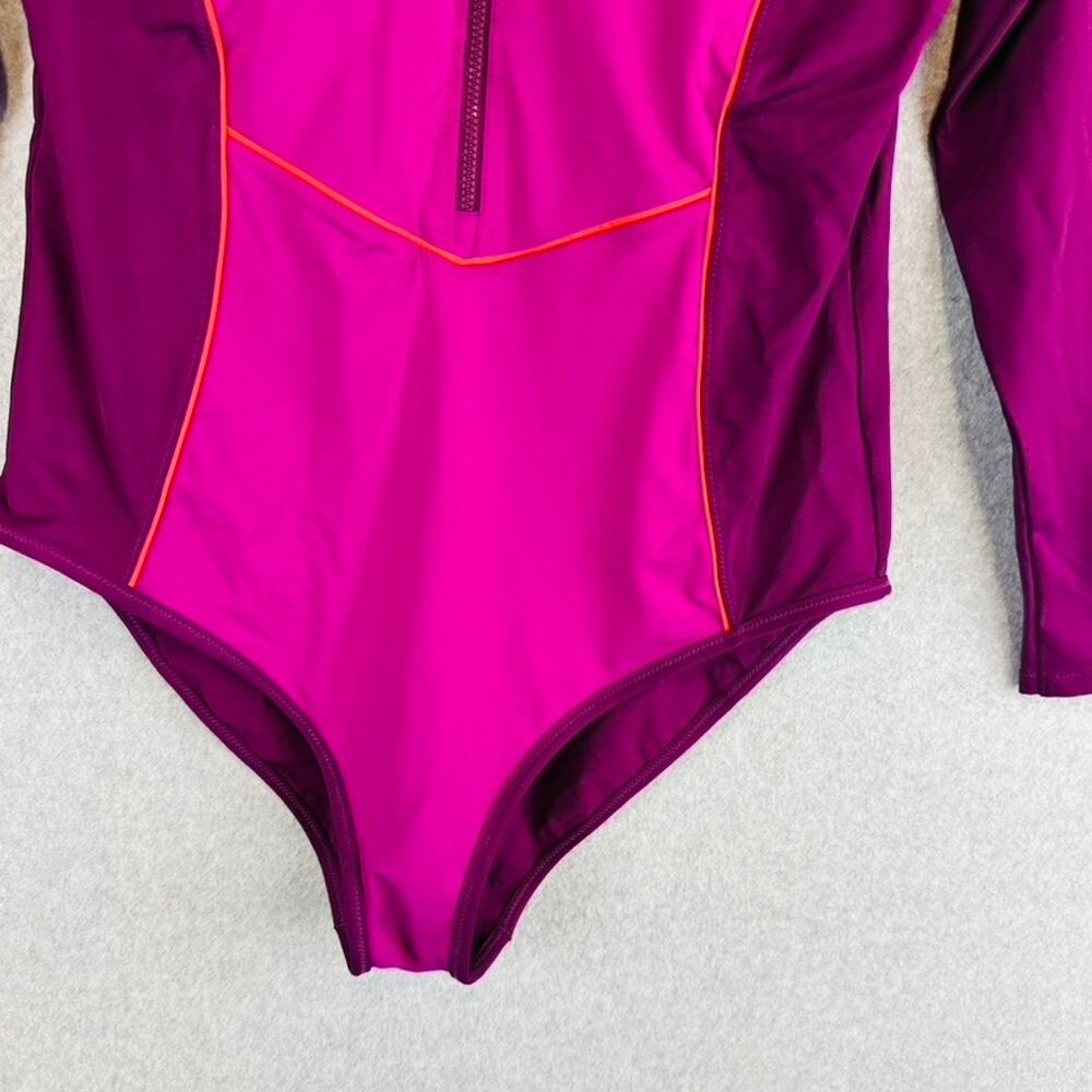 Athleta Womans Large Wavebrake One Piece Swim Suit Pink Color Block Long Sleeve - Picture 3 of 10